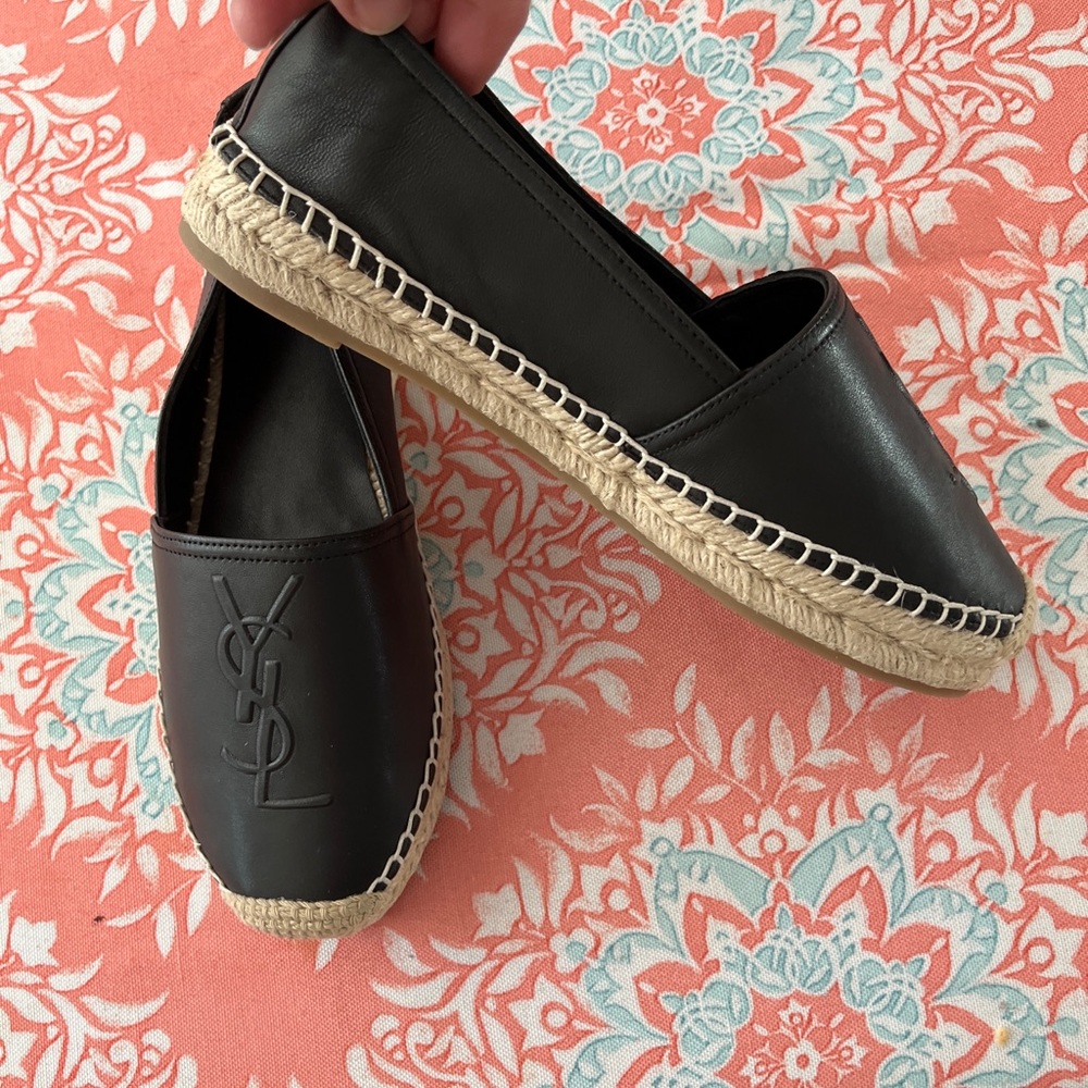 YVES SAINT LAURENT YSL LADIES BLACK LEATHER ESPADRILLES-7M